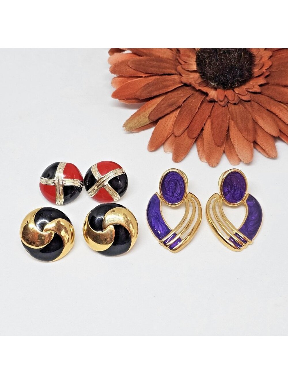 Lot of 3 Vintage Pierced Earrings Gold Tone Black Purple Enamel Retro Jewelry